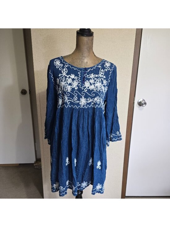 Exist Dresses & Skirts - Exist Medium Boho Peasant Dress Indigo Embroidered Rayon Flowy Modest 3/4 Sleeve